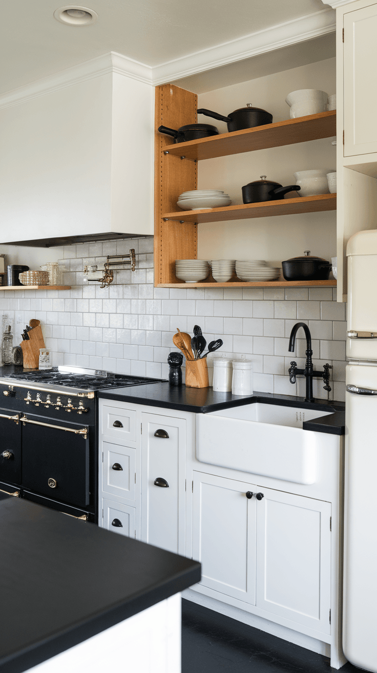 A modern kitchen featuring open shelves with cookware and closed cabinets, showcasing a black and white color scheme.