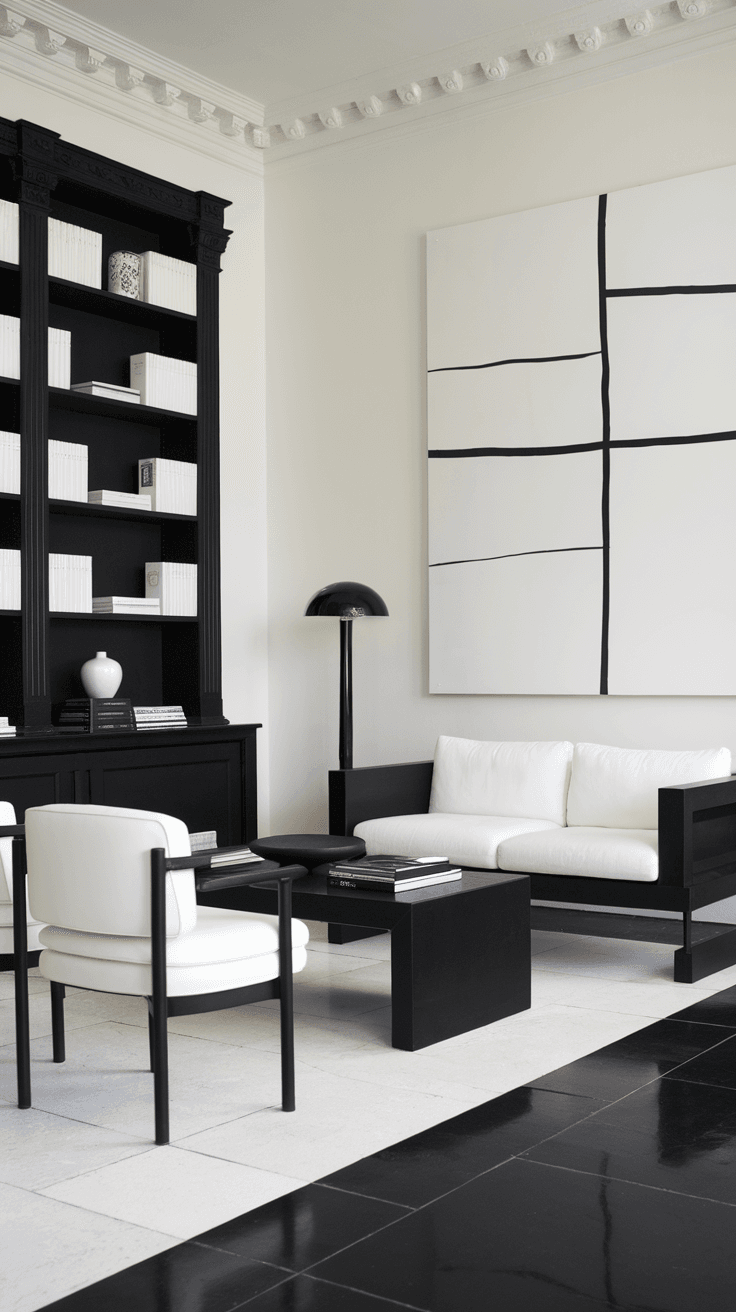 A stylish black and white living room with mid-century modern furniture and large wall art.