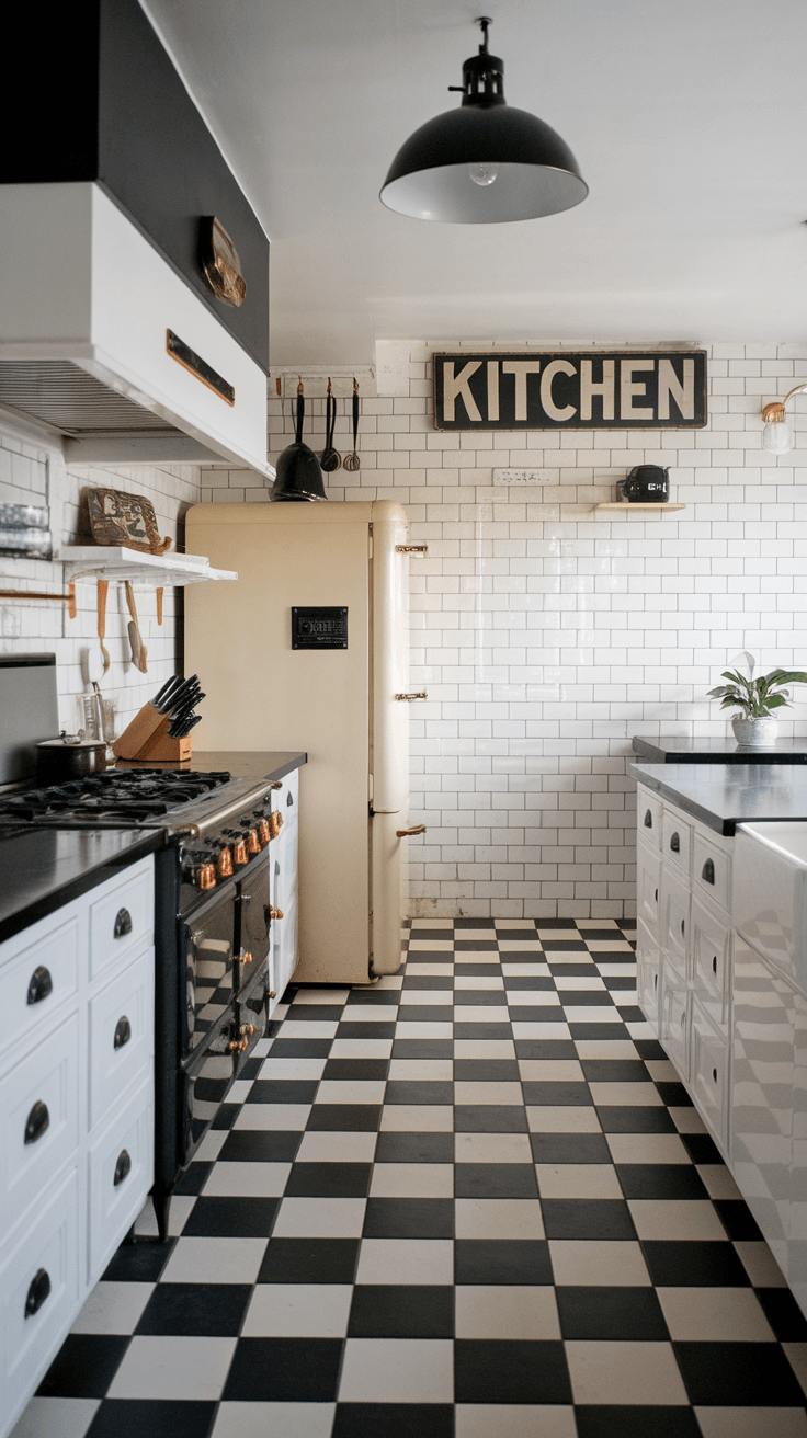 A stylish kitchen interior featuring a vintage fridge, black granite countertop, and black and white checkered flooring.