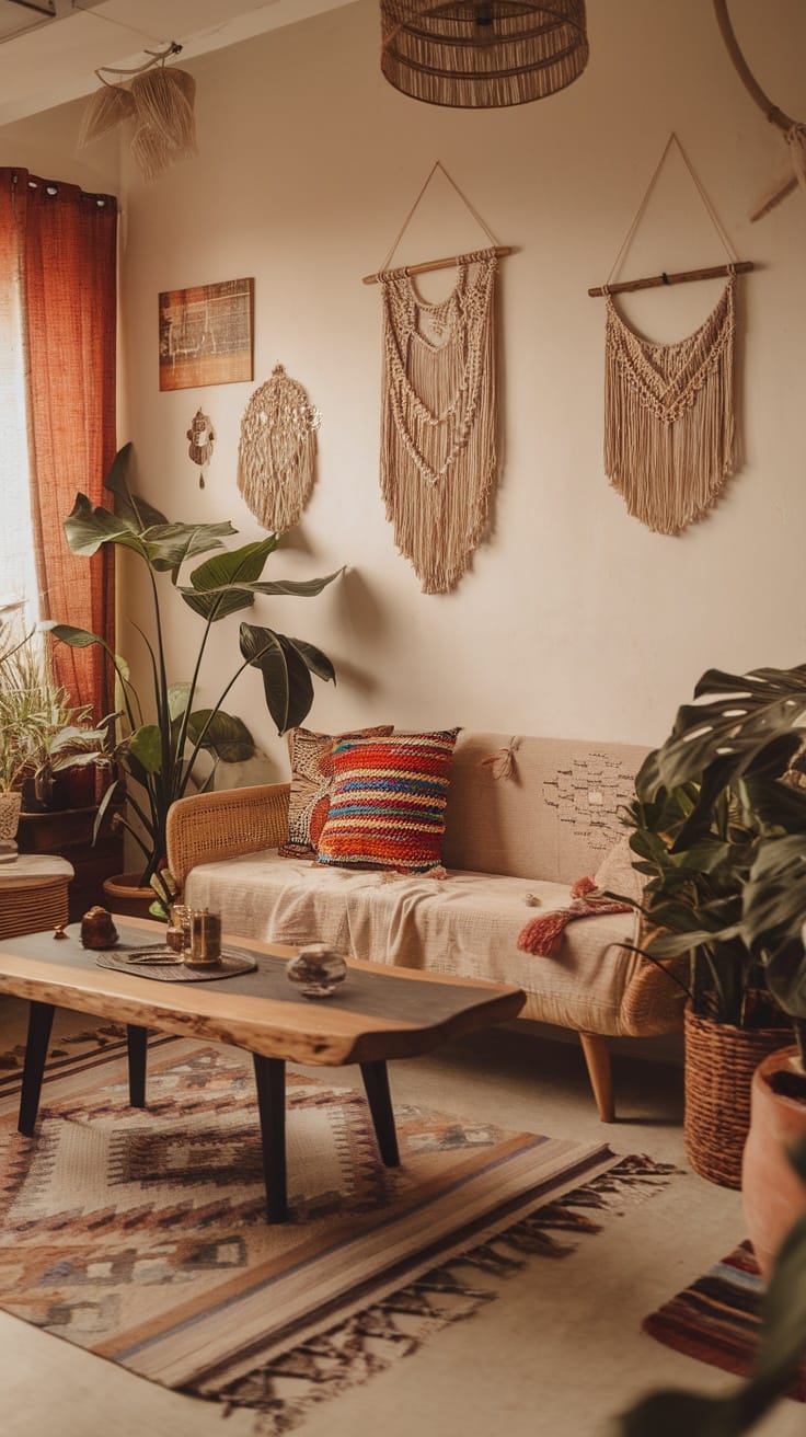 A cozy bohemian living room featuring colorful textiles, macramé wall art, and plants.