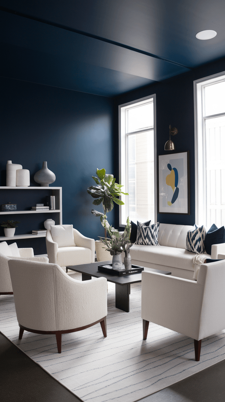 A modern living room featuring a dark blue accent wall, light furniture, and plants, showcasing a stylish and inviting atmosphere.