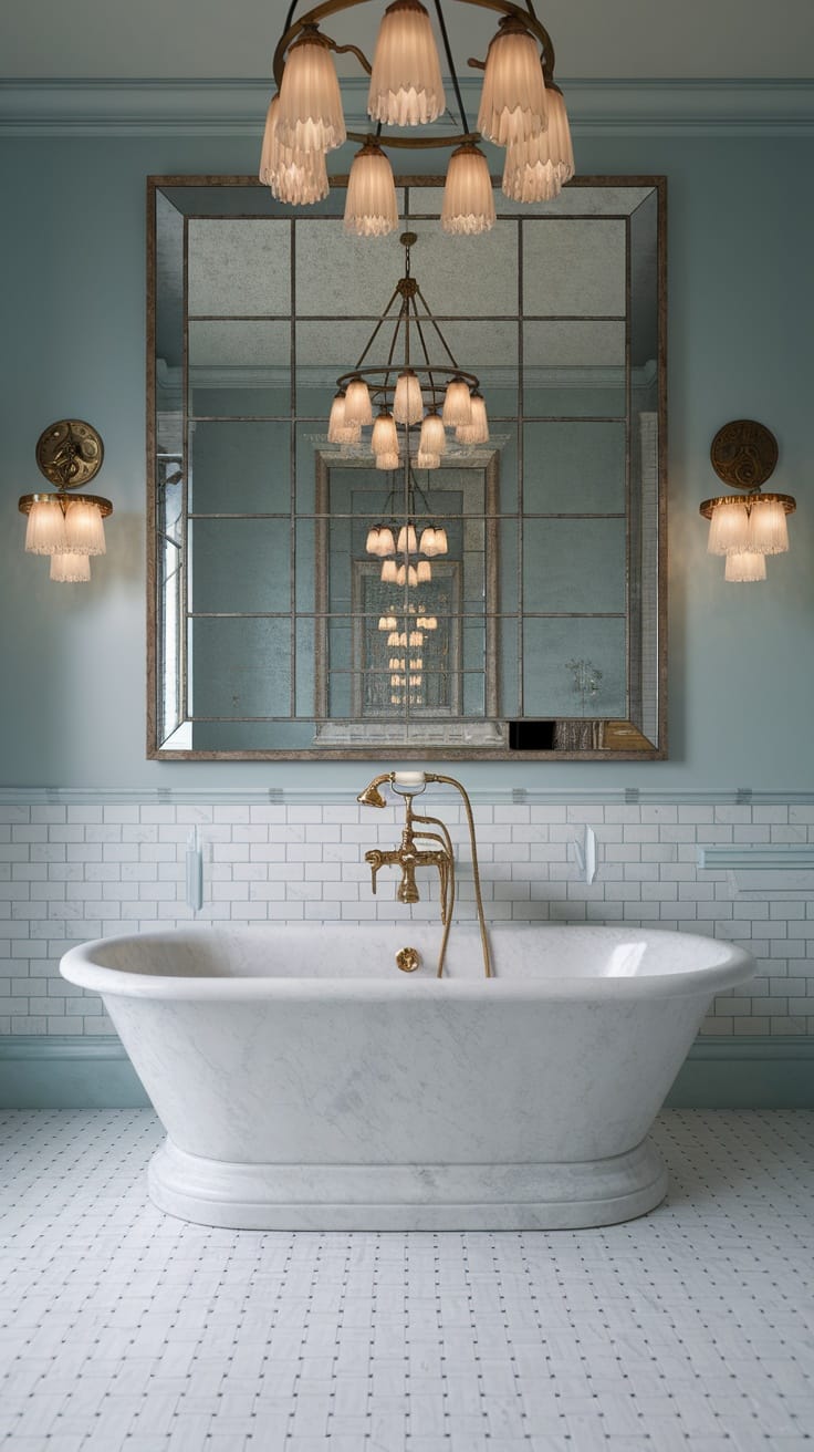 Modern luxury bathroom featuring a bold statement tub, elegant lighting, and a serene color palette.
