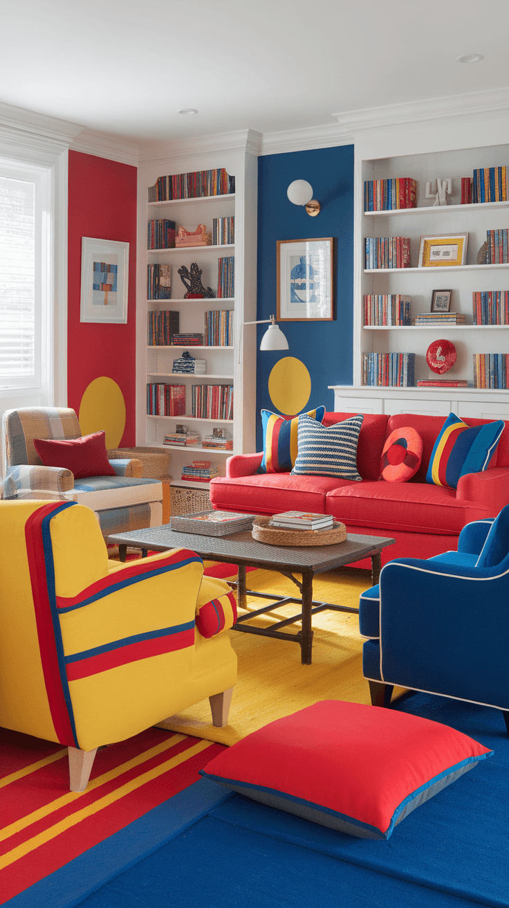 A Mid Century Modern living room with bright red, blue, and yellow colors, featuring colorful furniture and a cozy atmosphere.