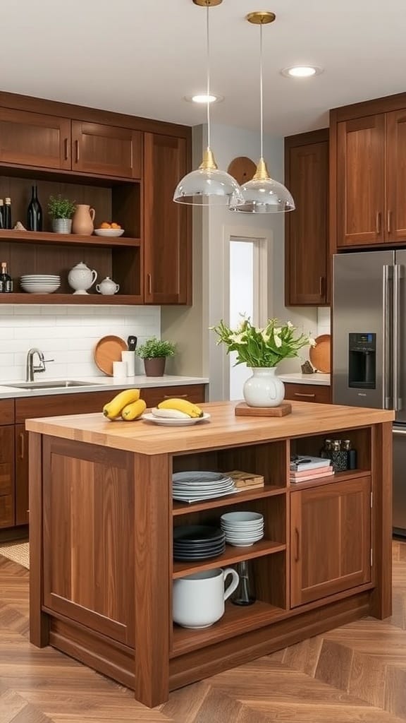 A wooden kitchen island with hidden storage and a sleek design in a modern kitchen