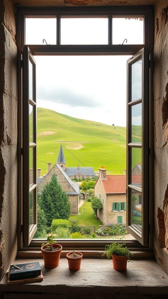 View of a green landscape and rustic houses through an open window, with potted plants on the sill.