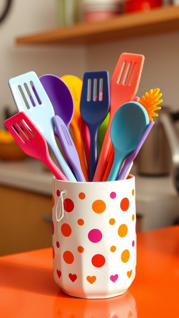 Colorful kitchen utensil holder filled with spatulas and spoons on a bright countertop