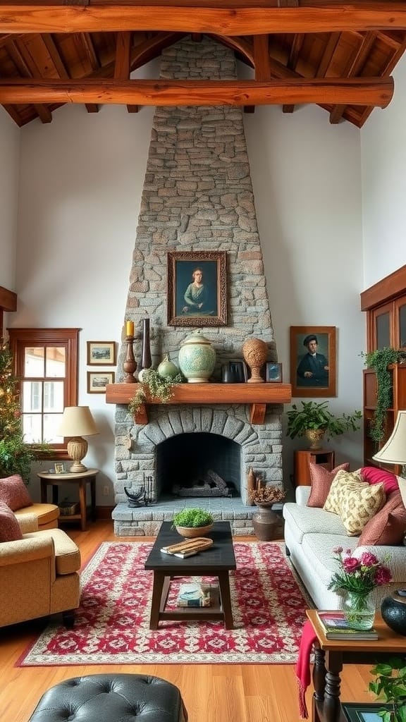 Cozy living room with stone fireplace, wooden beams, and rustic decor