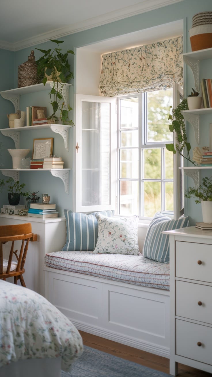 A cozy window nook with plants, floral cushions, and light blue walls.