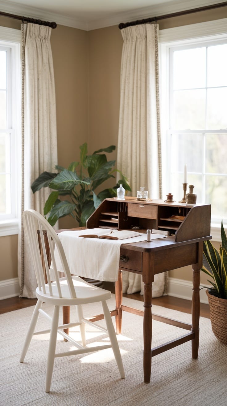 A cozy wooden writing desk with a white chair, plants, and natural light.