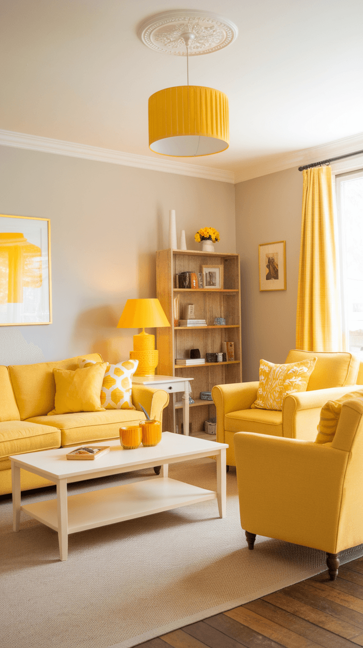 A bright and cheerful living room featuring yellow furniture, decor, and light gray walls.