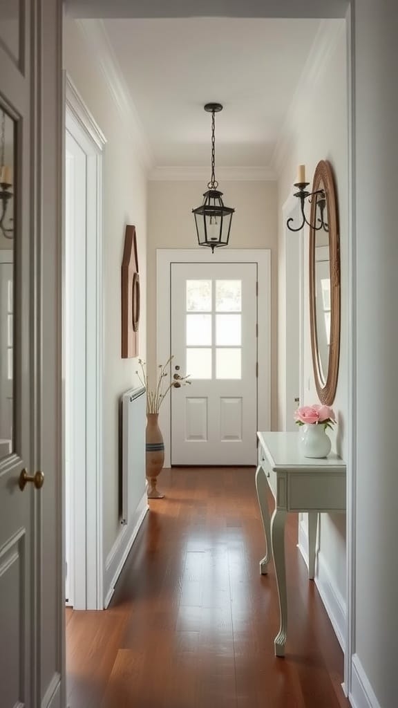 A bright entrance hallway with a central door, pendant light, small table, and decor items