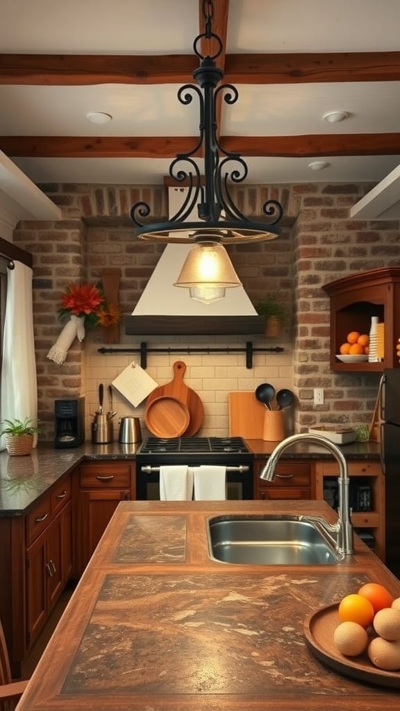 A rustic kitchen featuring a black metal chandelier with a glass shade, wooden beams, and warm-toned cabinetry.