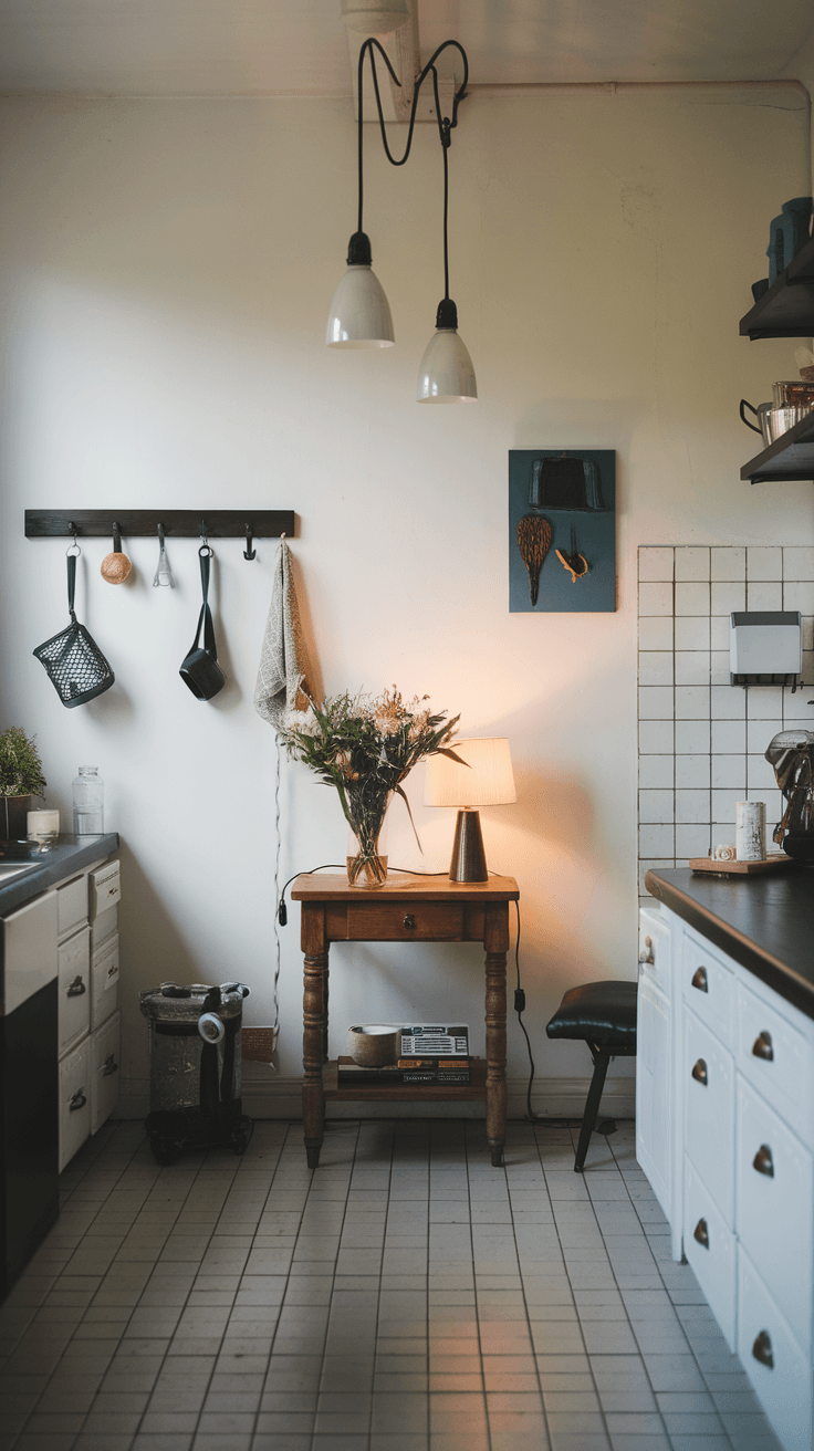 A cozy black and white modern kitchen with warm lighting from a table lamp and pendant lights.