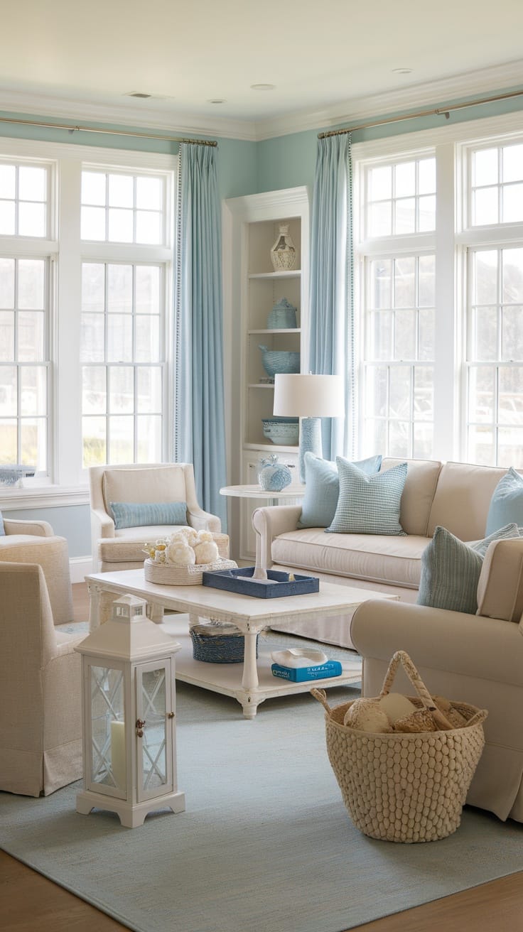 Coastal living room with blue accents and natural light
