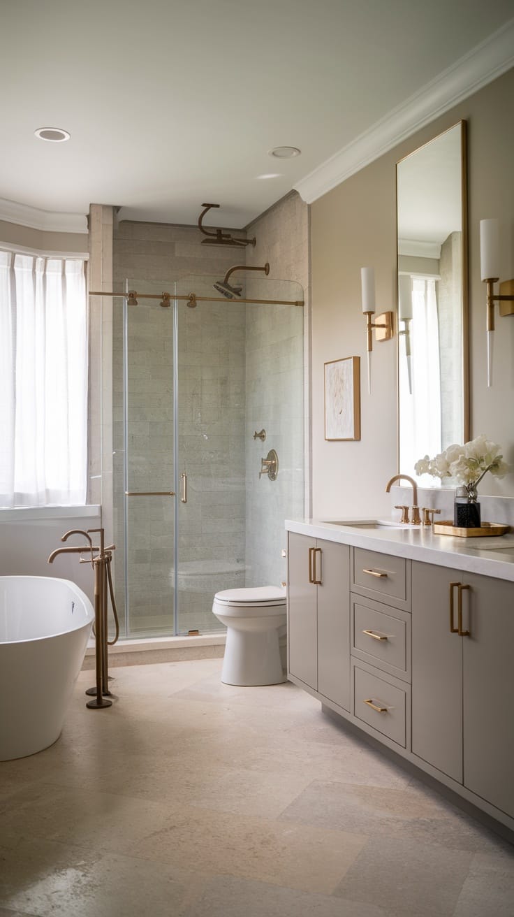Modern luxury bathroom with neutral colors and gold fixtures.