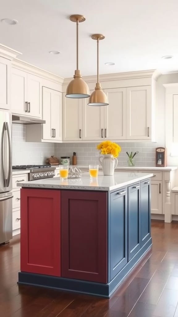 A modern kitchen featuring a colorful island with blue and red cabinetry.