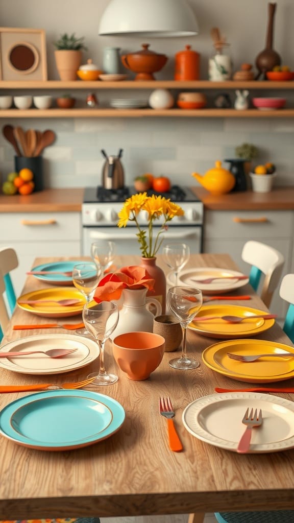 A colorful table setting featuring turquoise, yellow, and orange tableware, with flowers in the center.