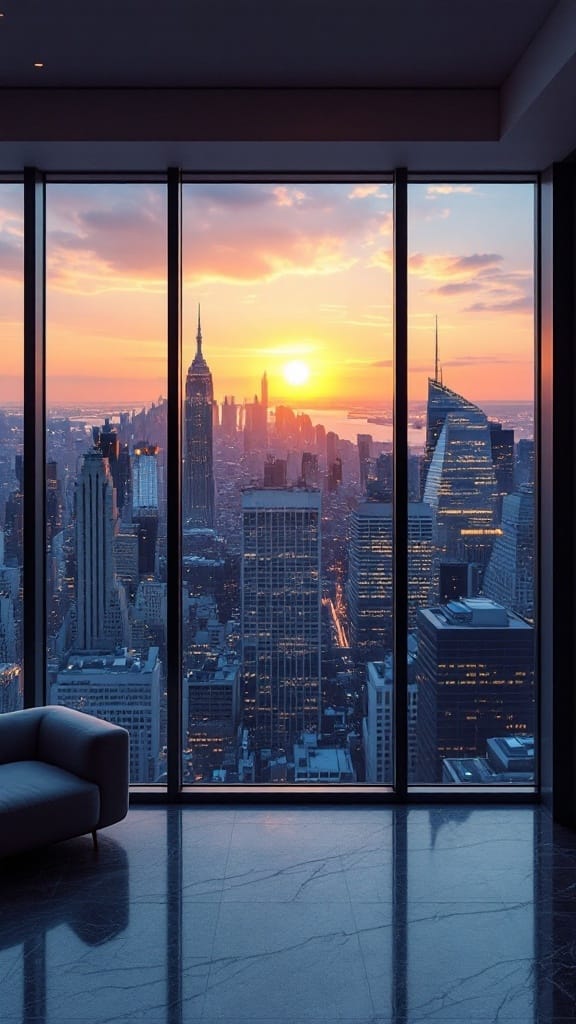 A modern apartment with large windows showcasing a sunset view of the New York City skyline.