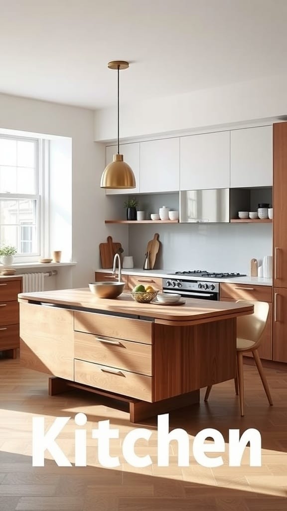 Modern kitchen featuring a wooden convertible island, bright lighting, and elegant decor.