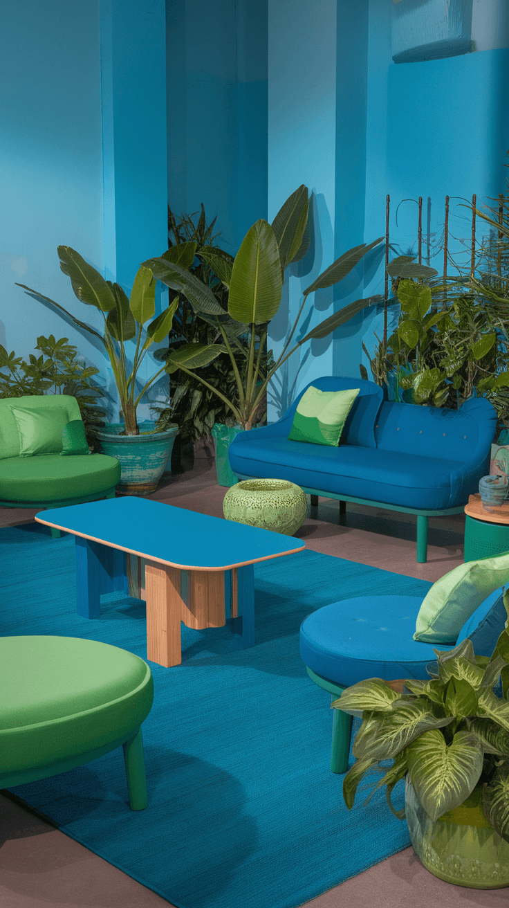 A vibrant living room with blue walls and green furniture, featuring plants and cozy seating.