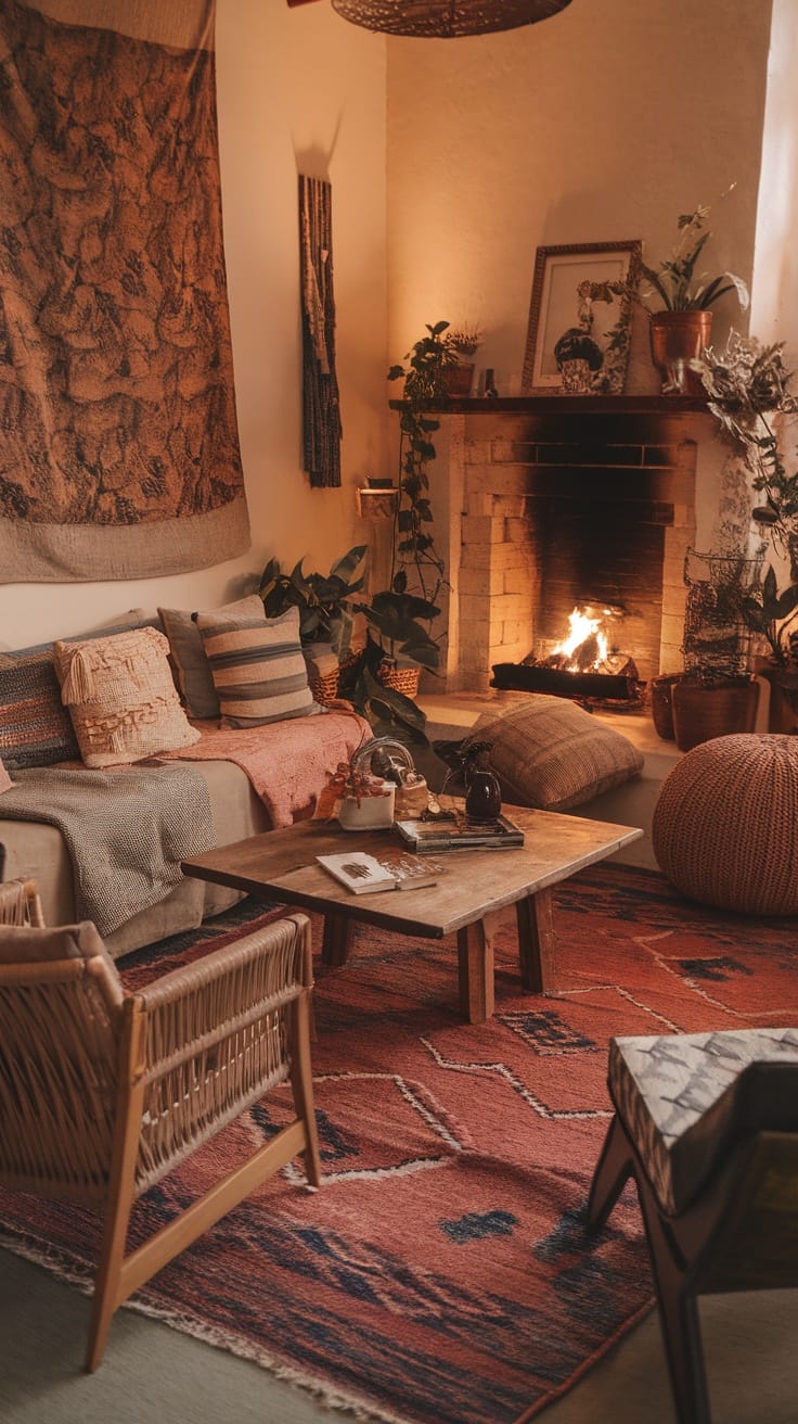 Cozy Boho living room with a fireplace, cushions, plants, and a warm atmosphere.