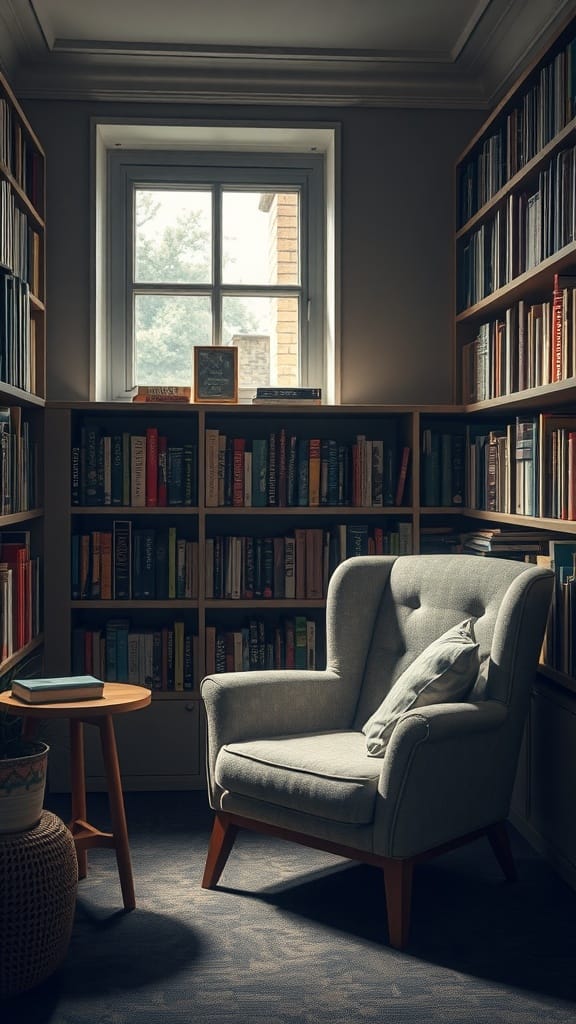 A cozy reading nook featuring a comfortable armchair, a side table, and shelves filled with books