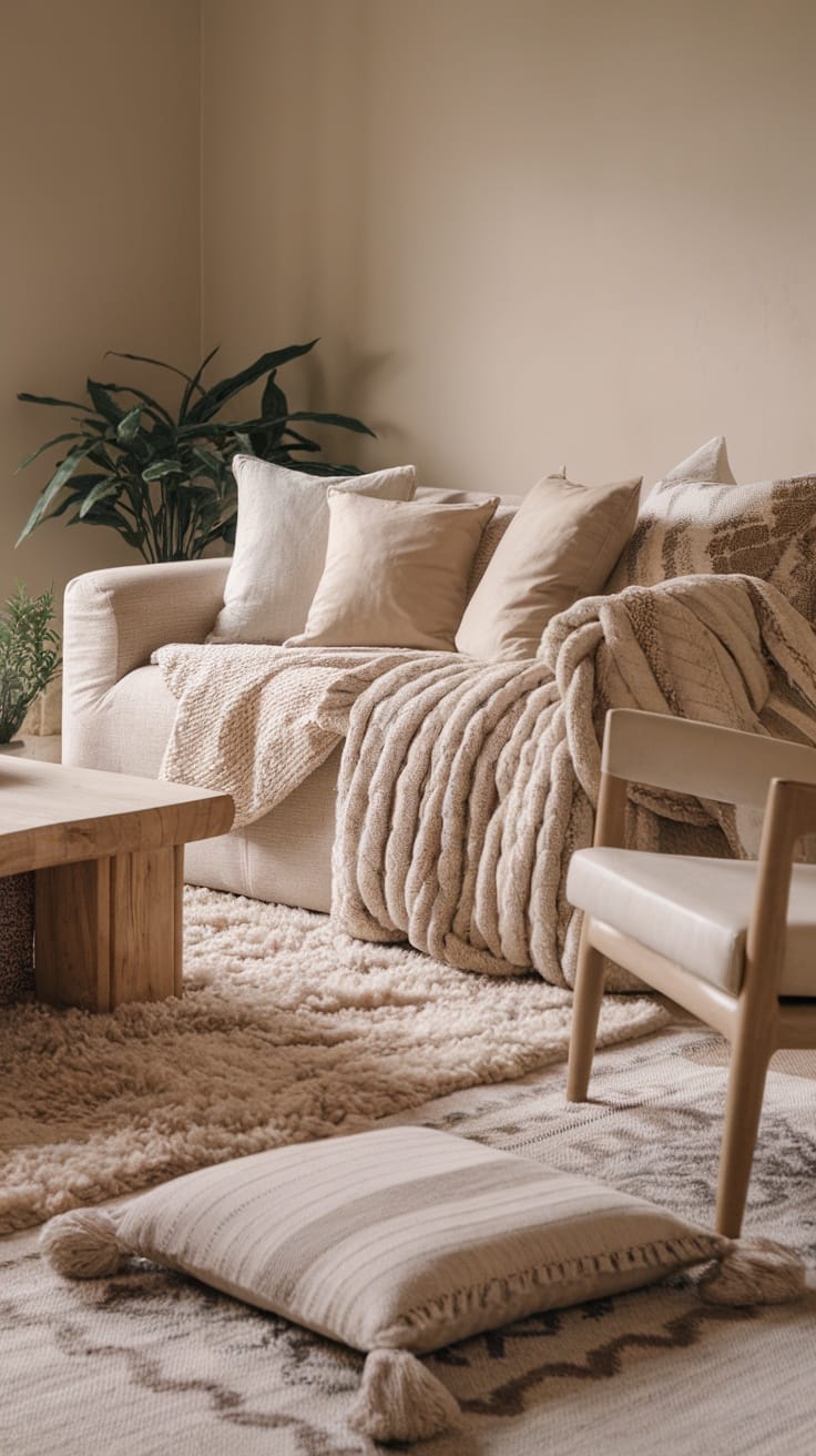 Cozy living room with a soft sofa, textured throws, and earthy tones
