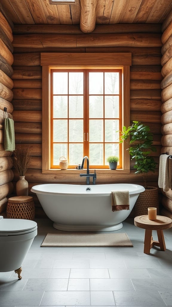 A rustic bathroom with log walls, a freestanding bathtub, and natural decor