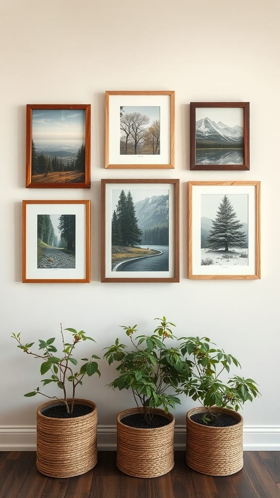 A rustic gallery wall featuring framed nature photographs and potted plants.