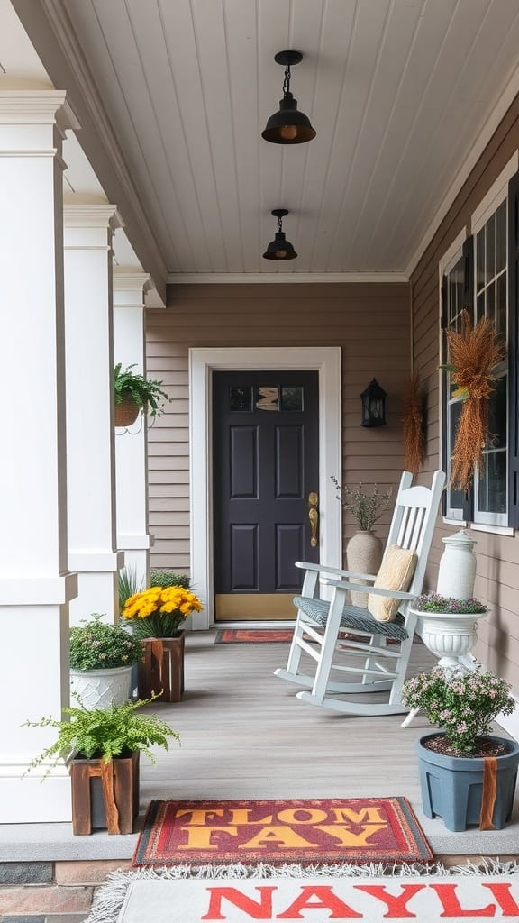 Cozy porch with rocking chair, potted plants, and welcome mats