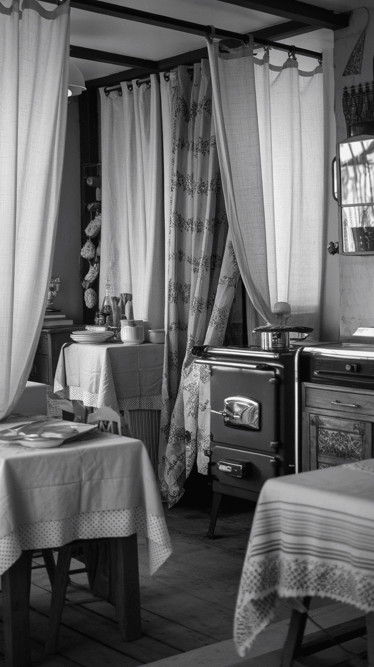 Cozy kitchen interior with layered textiles and charming decor