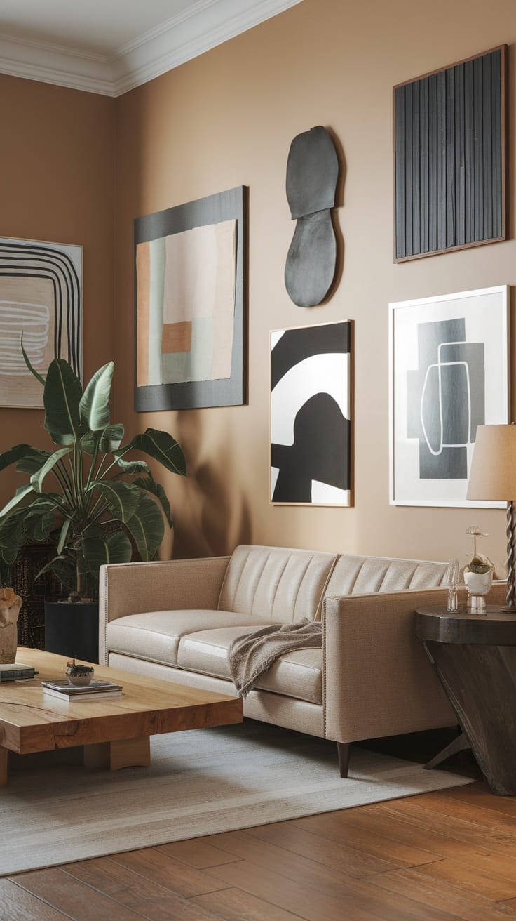 A modern living room with curated art pieces on the wall, featuring abstract designs and earthy decor elements.