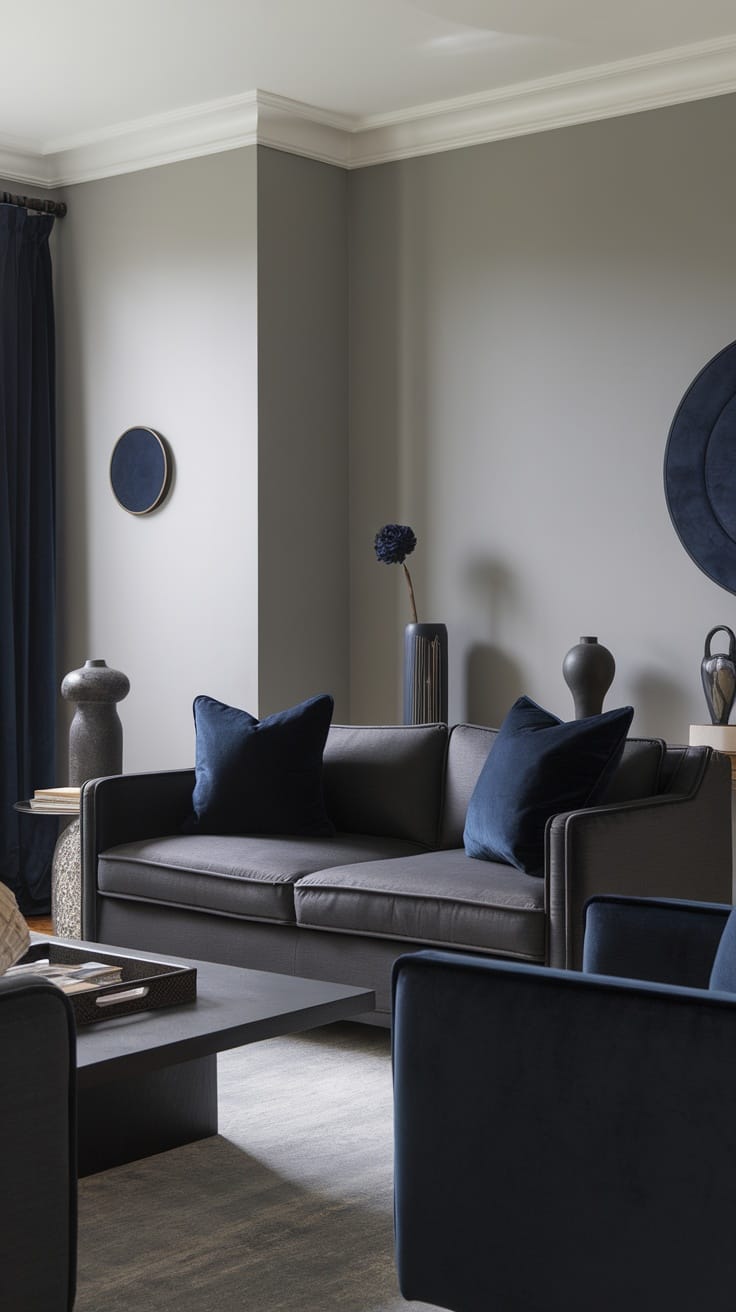 A cozy living room featuring a navy couch, soft gray walls, and eclectic decor elements.