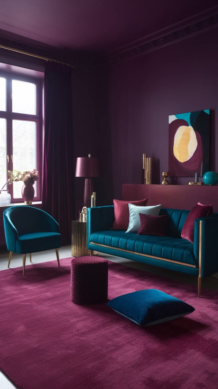 A moody living room featuring deep jewel tones, including a teal sofa, burgundy walls, and gold accents.