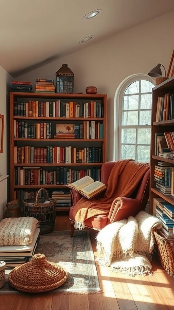 A cozy reading nook with a red armchair, bookshelves filled with colorful books, a soft rug, and warm blankets.