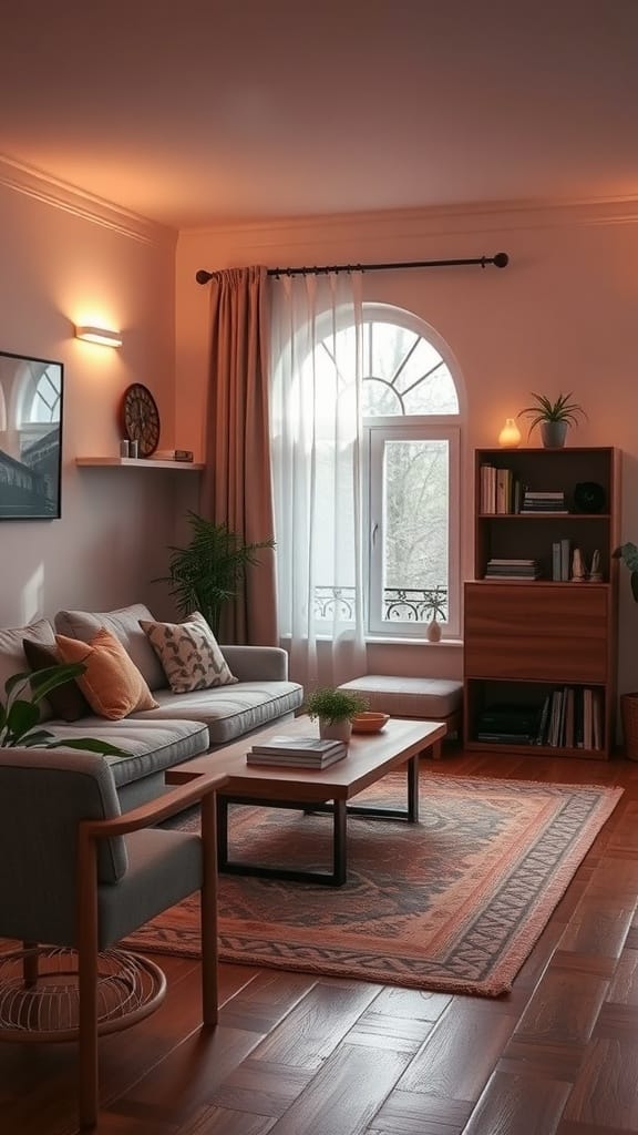 A cozy living room with natural light, featuring a comfortable sofa, plants, and warm lighting.