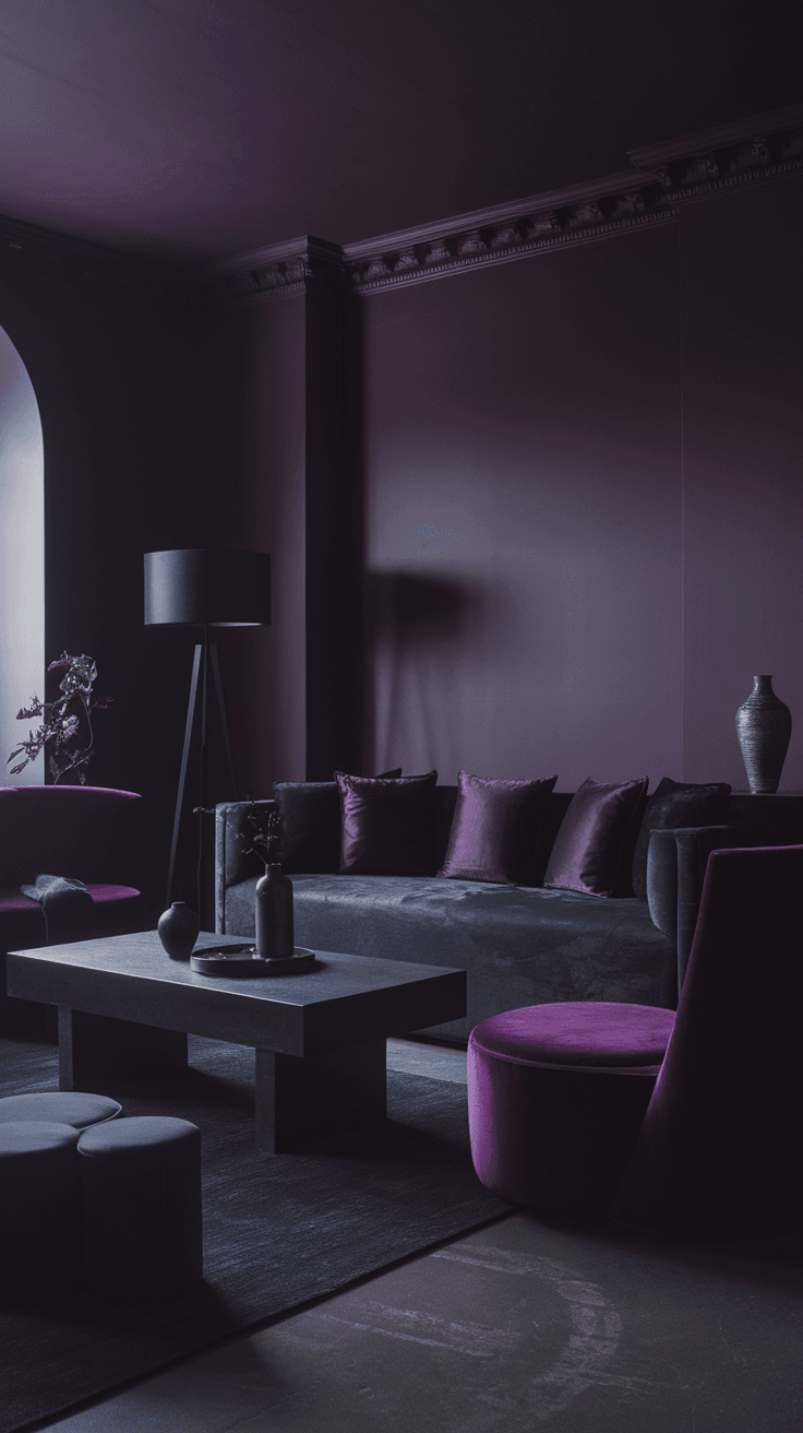 A stylish mid-century modern living room featuring dark purple walls, a plush sofa with purple cushions, and contrasting black furniture.