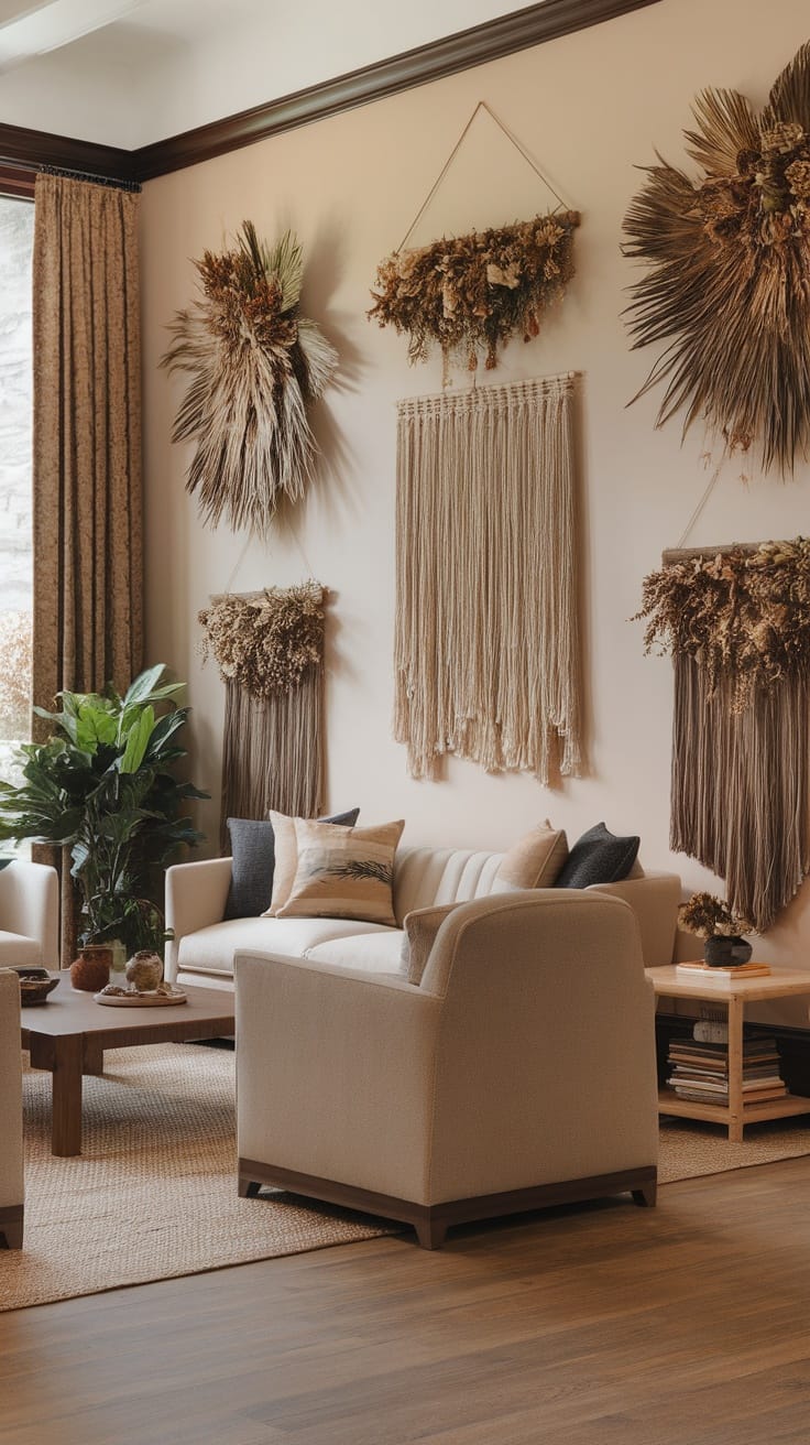 A cozy living room with earthy wall hangings, including macramé and dried floral arrangements.