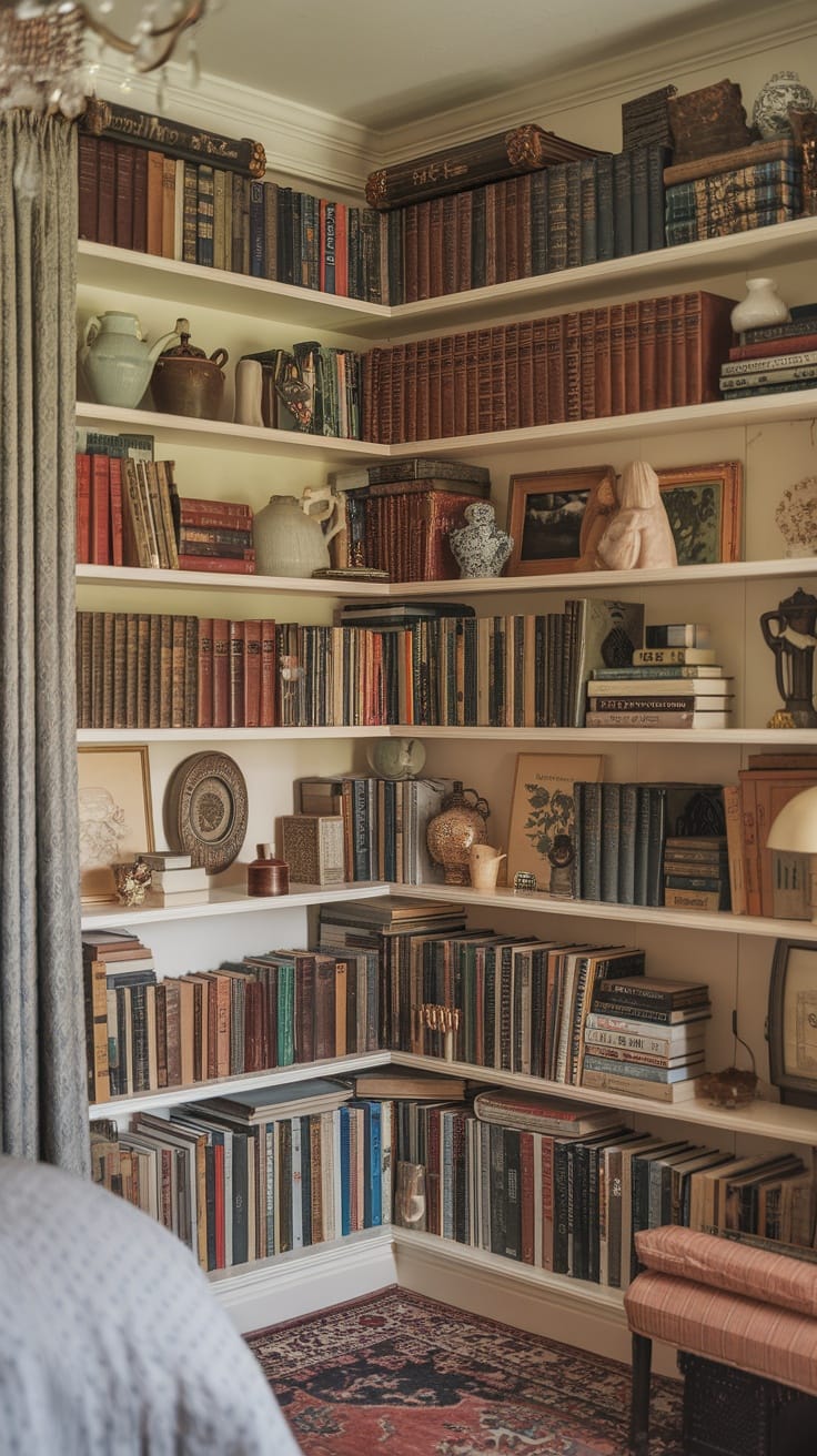 A cozy corner of a bedroom featuring eclectic bookshelves filled with vintage books and decorative items.