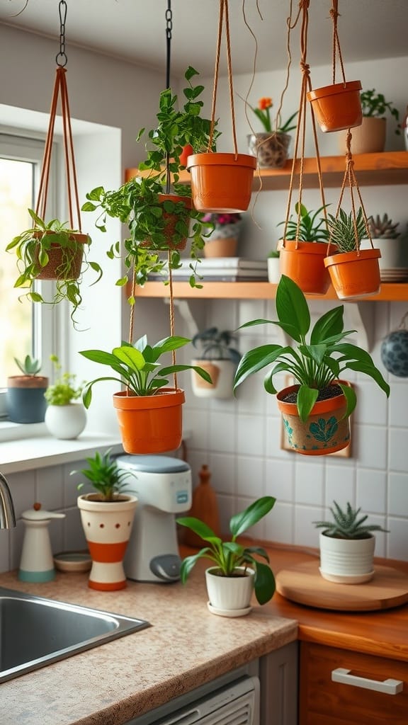 A cozy kitchen with various hanging plants in colorful pots, creating a vibrant and inviting atmosphere.