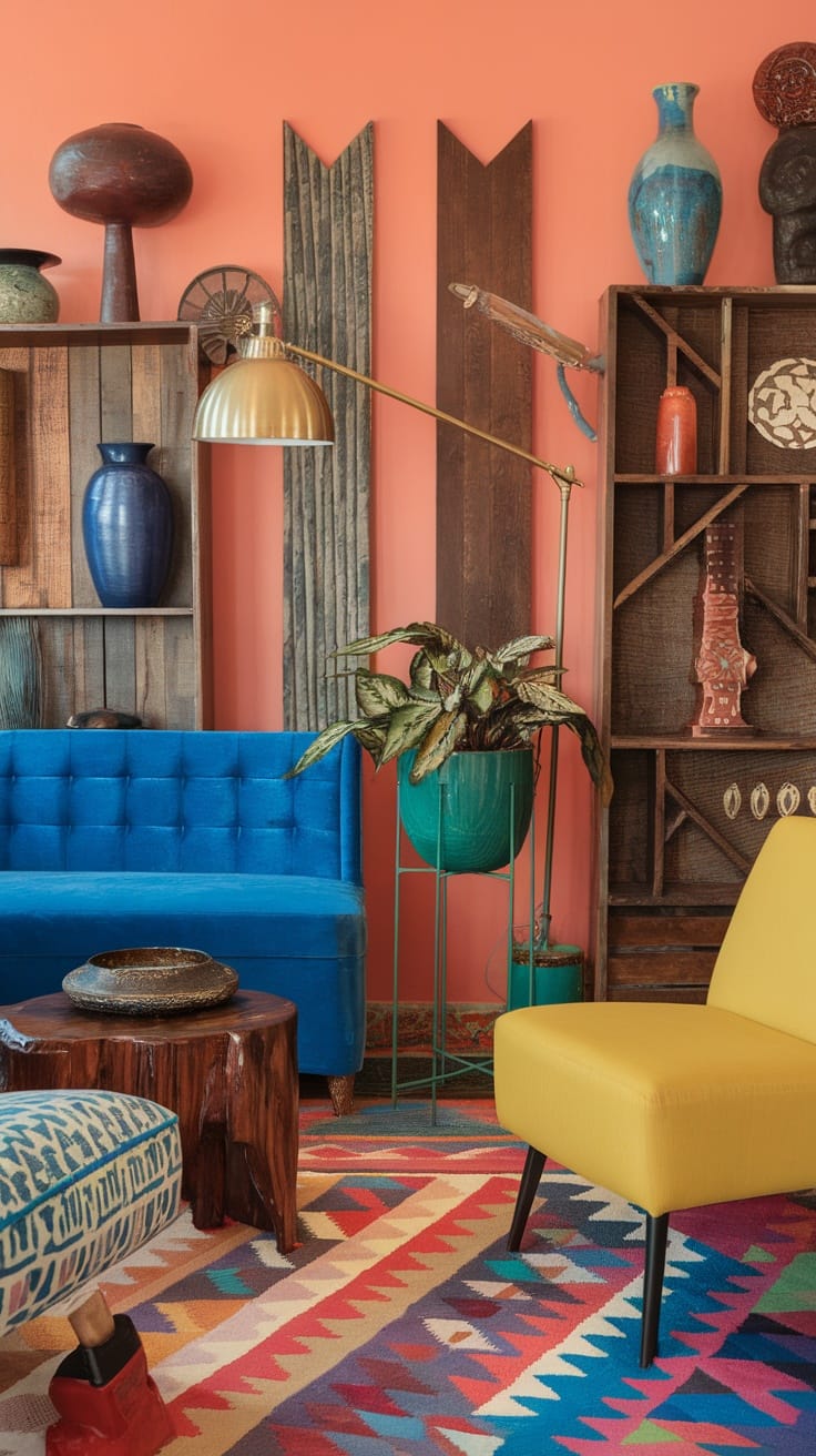 A colorful living room featuring a blue couch, yellow chair, vibrant rug, and various decorative items.