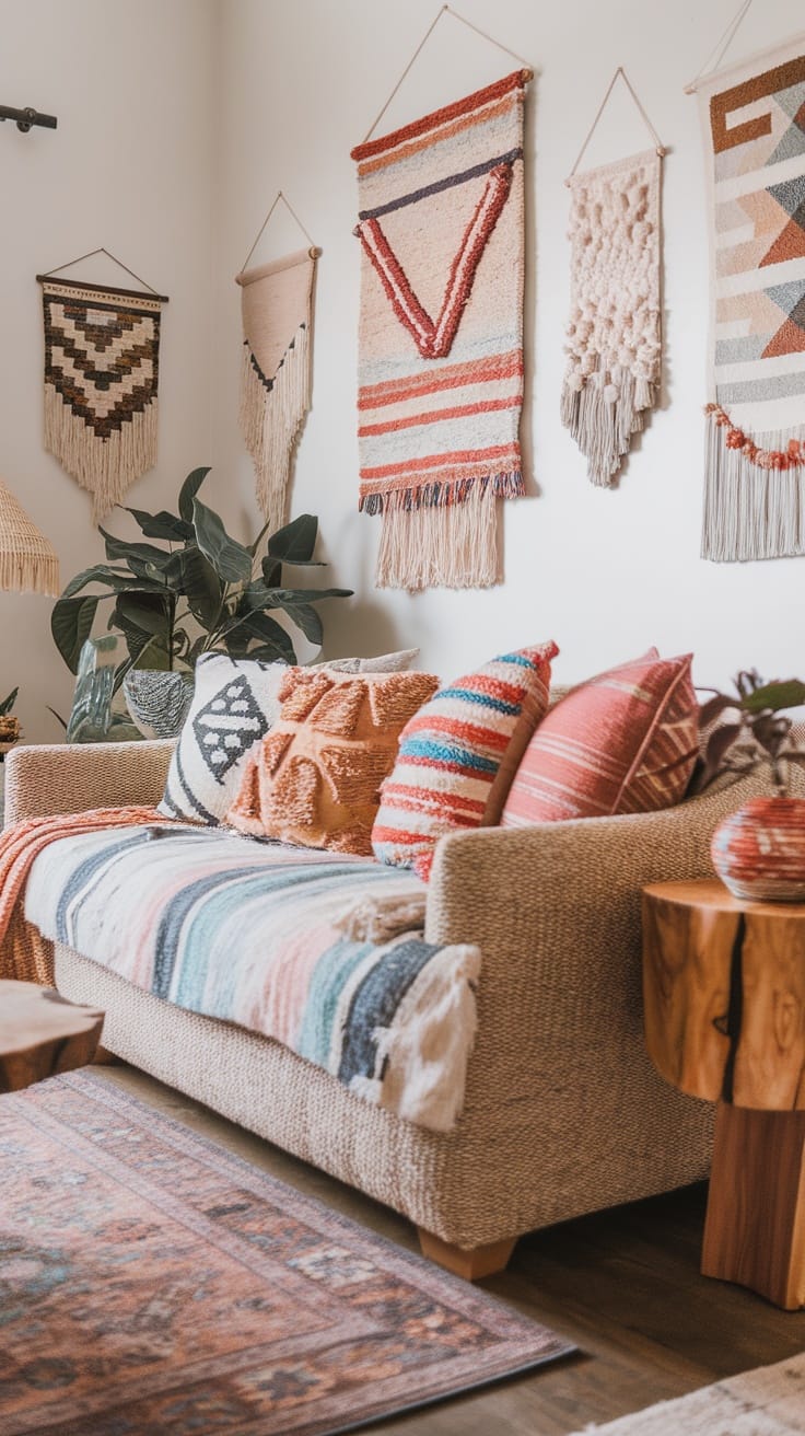 Cozy Boho living room with eclectic throw pillows and wall hangings.