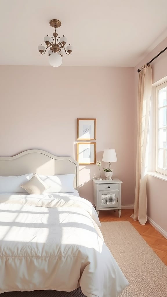 A cozy bedroom featuring soft pink walls, white bedding, and a stylish chandelier.