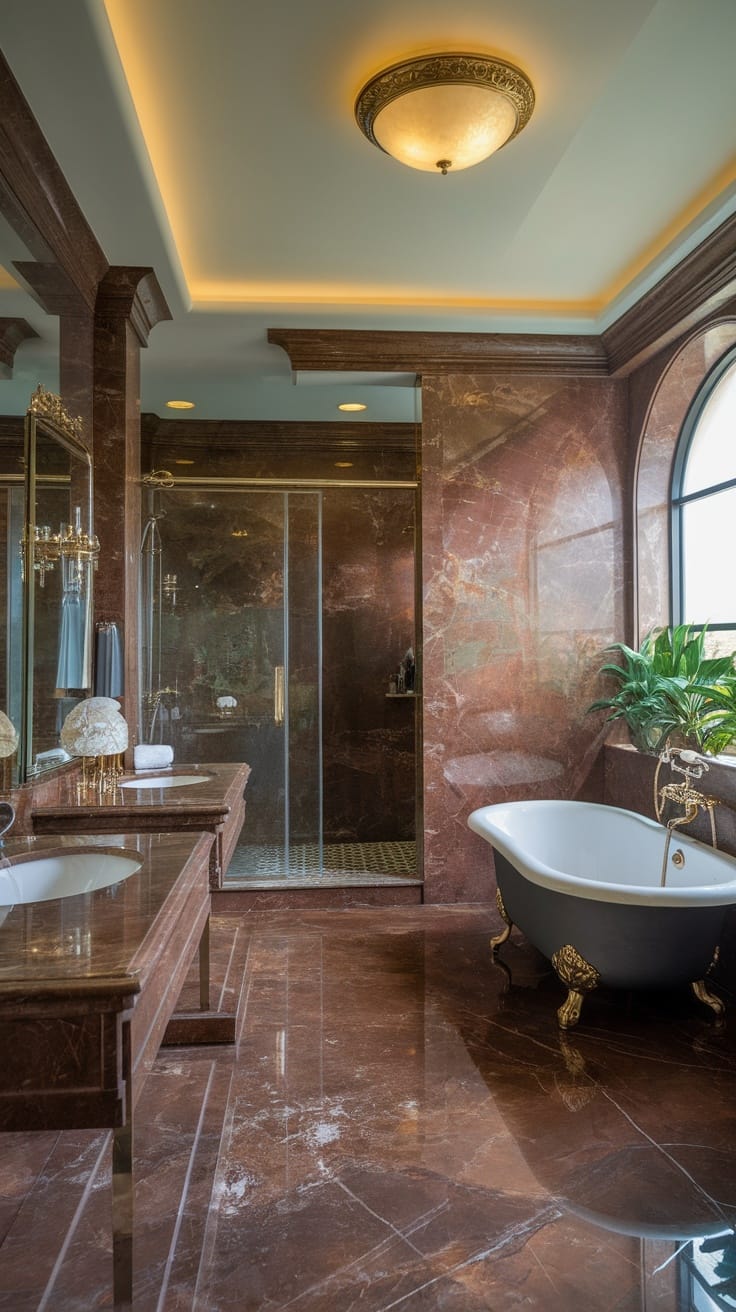 A luxurious bathroom featuring elegant marble surfaces, a vintage bathtub, and warm lighting.