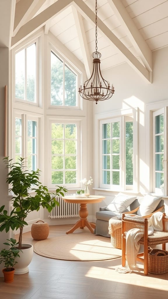 Bright and airy interior of a modern French cottage with large windows and natural light.
