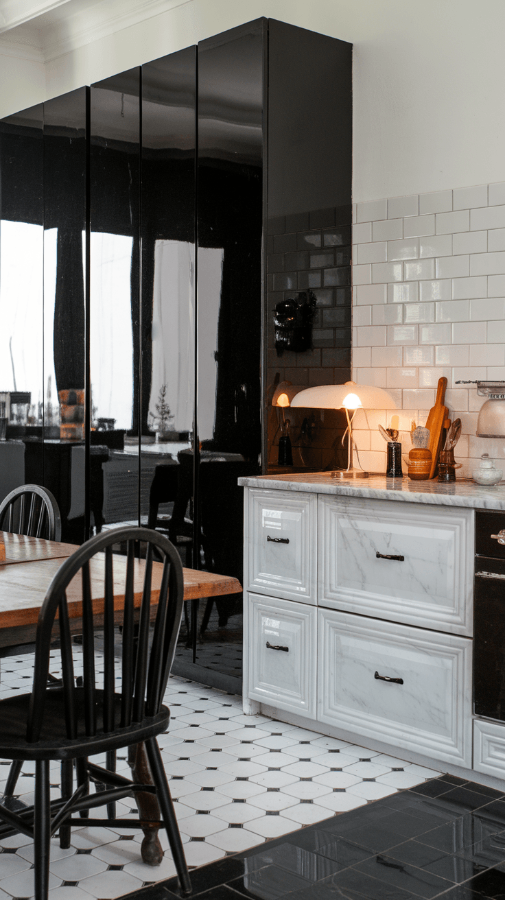 Modern kitchen interior with black and white design featuring black cabinets, white marble countertops, and hexagonal tiles.