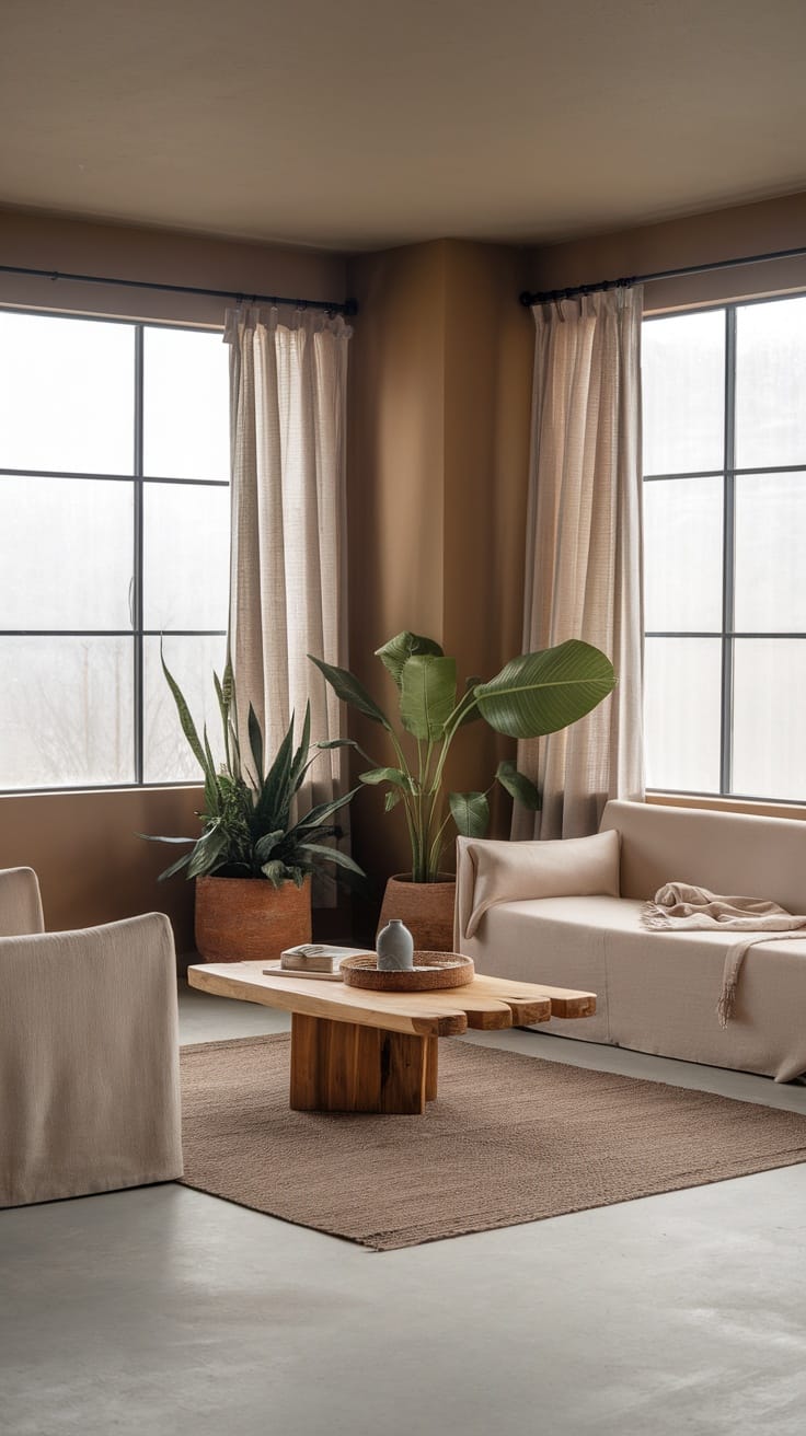 A minimalist earthy living room featuring large windows, potted plants, and natural color tones.