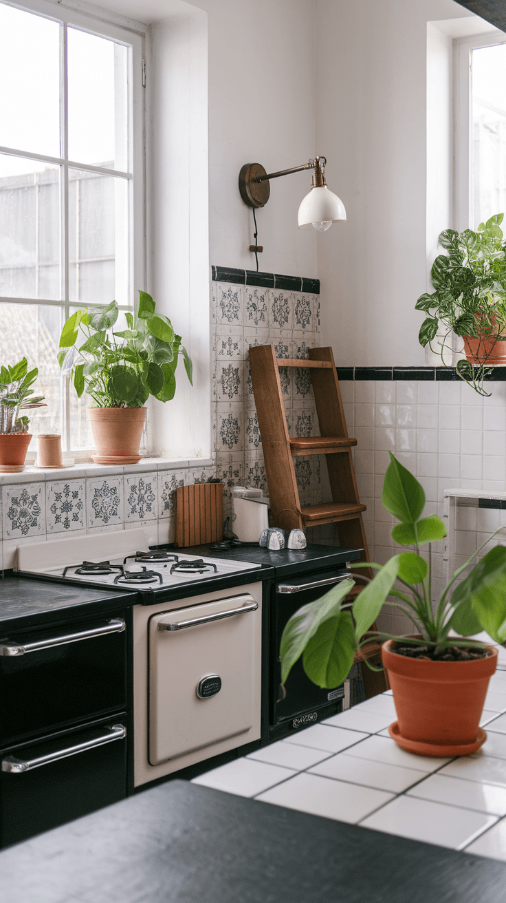 A modern kitchen with black and white design, featuring potted plants on the windowsill and counters.