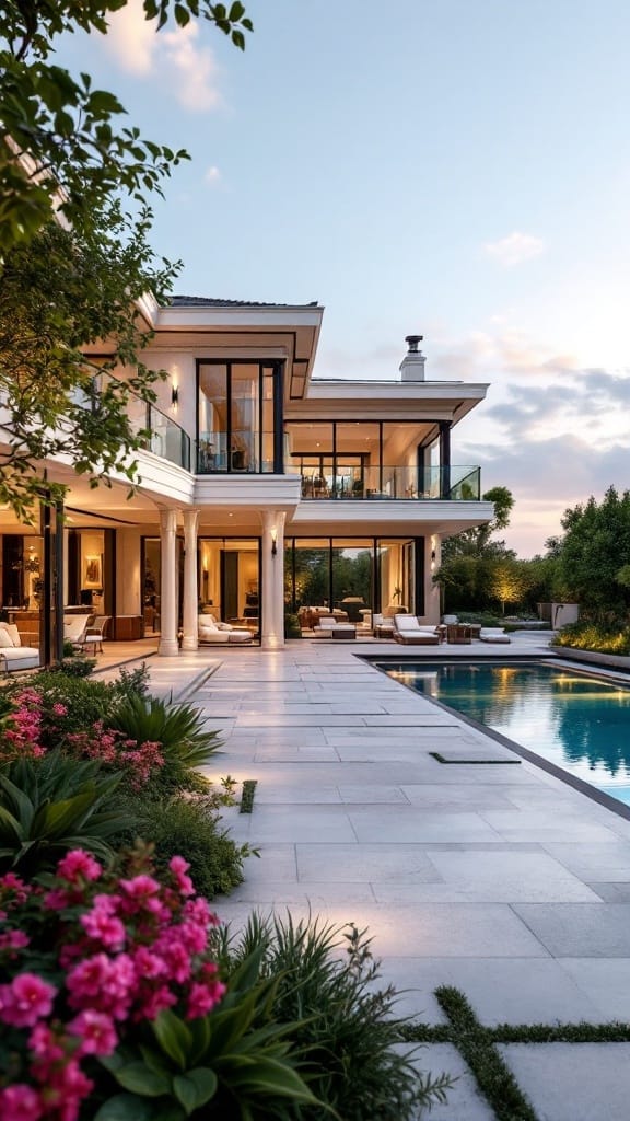 Luxury home with a spacious outdoor area featuring a pool and vibrant flowers