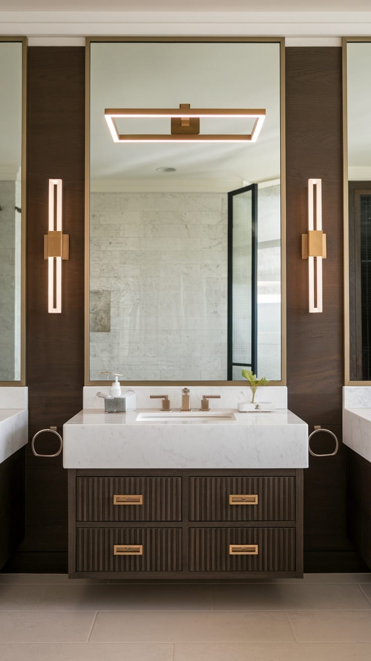 Modern floating vanity with marble countertop and dark wood base in a luxury bathroom